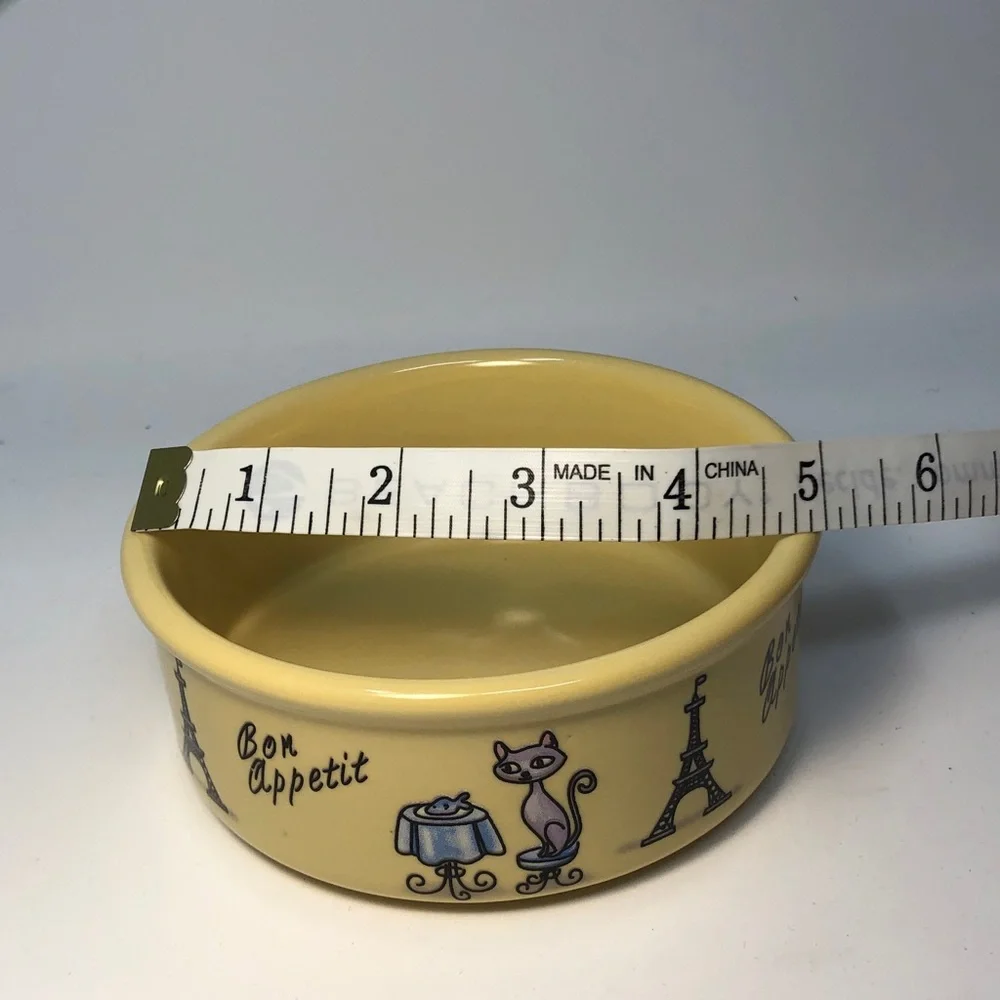 Yellow Ceramic Pet Bowl with cat & Eiffel Tower Design